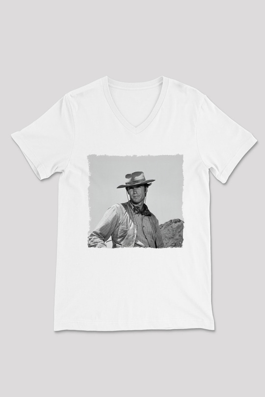 Clint Eastwood Beyaz Unisex V Yaka Tişört