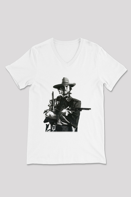 Clint Eastwood Beyaz Unisex V Yaka Tişört T-Shirt
