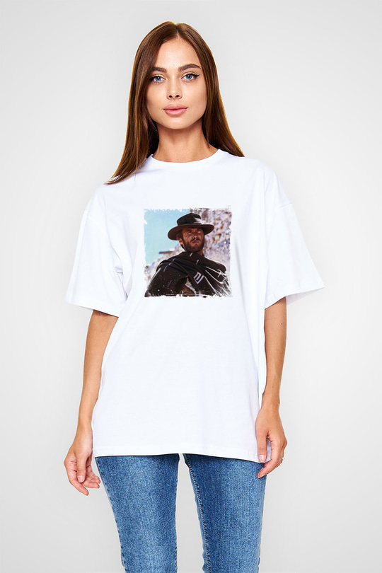 Clint Eastwood Oversize Baskılı Beyaz Tişört