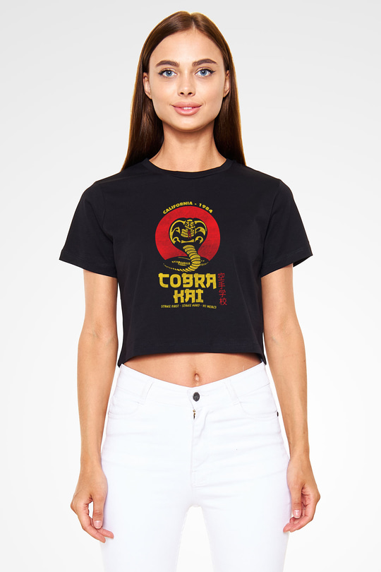 Cobra Kai Baskılı Siyah Crop Top Kadın Tişört - Tshirt