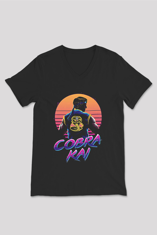 Cobra Kai Baskılı Unisex Siyah V Yaka Tişört - Tshirt