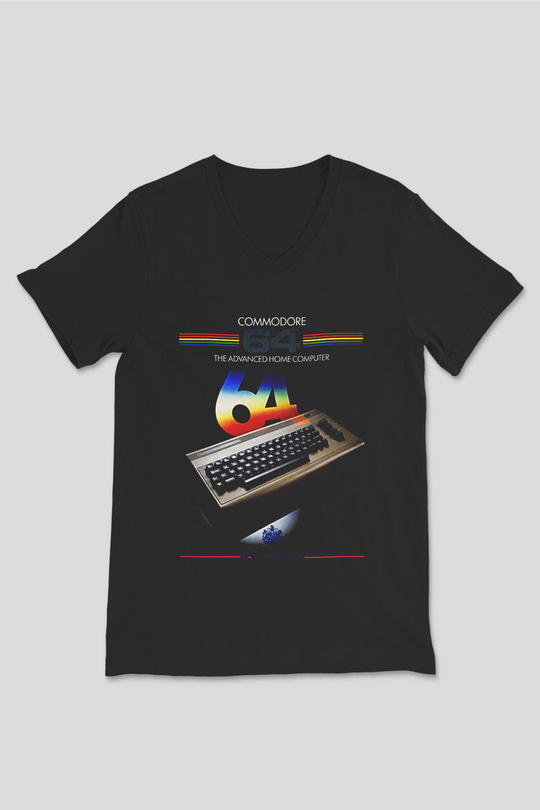 Commodore 64 Baskılı Unisex Siyah V Yaka Tişört - Tshirt