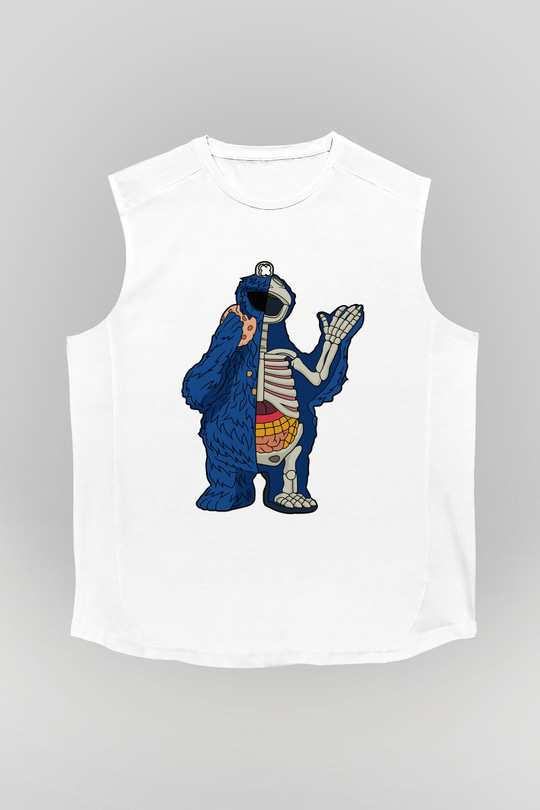 Cookie Monster Baskılı Unisex Beyaz Kolsuz Tişört