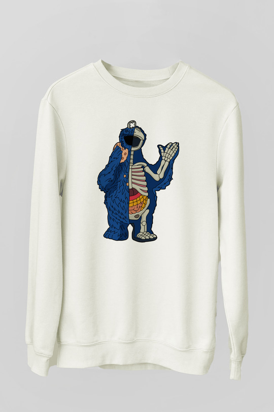 Cookie Monster Baskılı Unisex Beyaz Sweatshirt