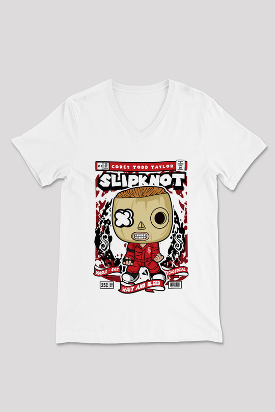 Corey Taylor Slipknot Baskılı Unisex Beyaz V Yaka Tişört