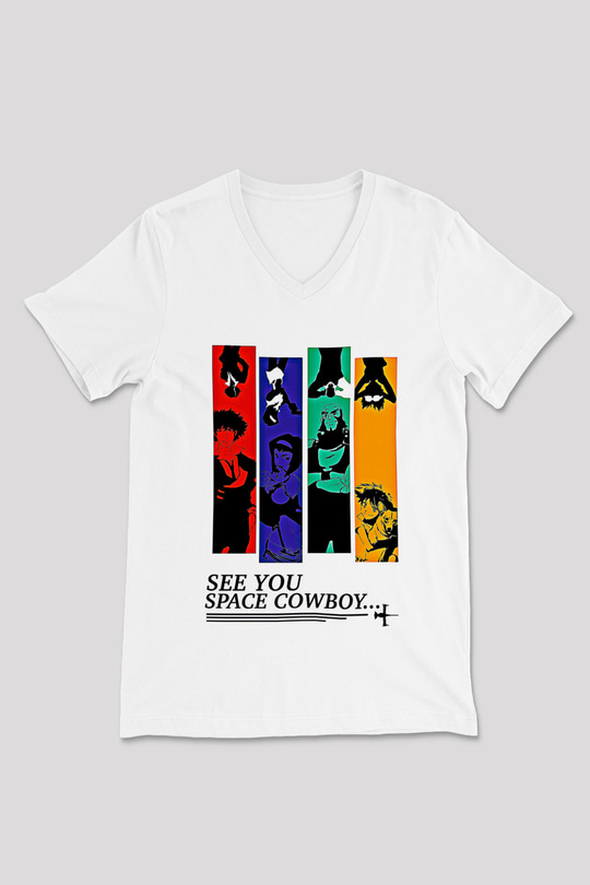 Cowboy Bebop Baskılı Beyaz Unisex V Yaka Tişört - Tshirt