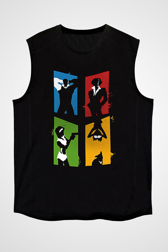 Cowboy Bebop Baskılı Unisex Siyah Kolsuz Tişört - Tshirt