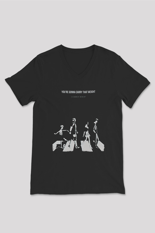 Cowboy Bebop Baskılı Unisex Siyah V Yaka Tişört - Tshirt