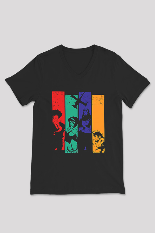 Cowboy Bebop Baskılı Unisex Siyah V Yaka Tişört - Tshirt