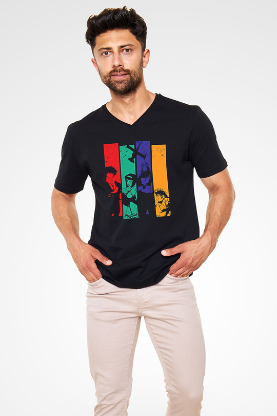 Cowboy Bebop Baskılı Unisex Siyah V Yaka Tişört - Tshirt