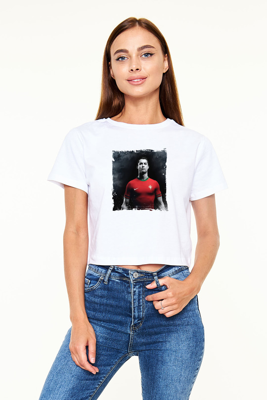 Cristiano Ronaldo Baskılı Beyaz Kadın Crop Top Tişört