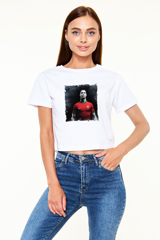 Cristiano Ronaldo Baskılı Beyaz Kadın Crop Top Tişört
