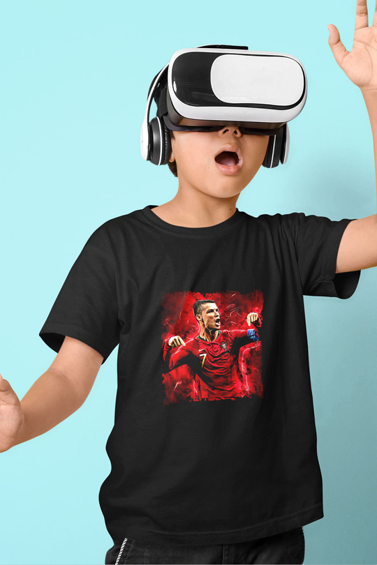 Cristiano Ronaldo Baskılı Unisex Siyah Çocuk Tişört