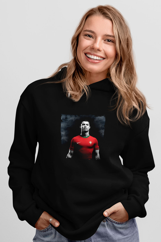 Cristiano Ronaldo Baskılı Unisex Siyah Hoodie