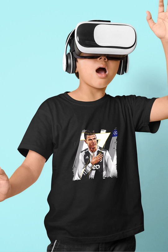 Cristiano Ronaldo Baskılı Unisex Siyah Çocuk Tişört