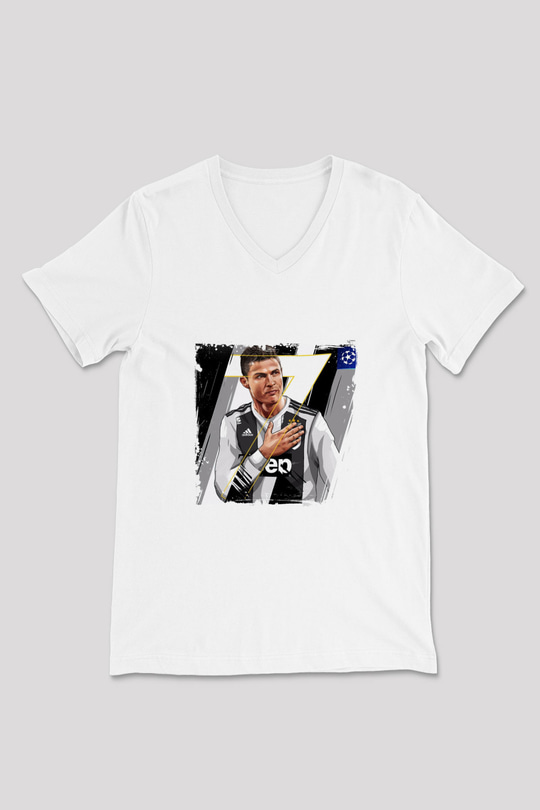 Cristiano Ronaldo Baskılı V Yaka Unisex Beyaz Tişört