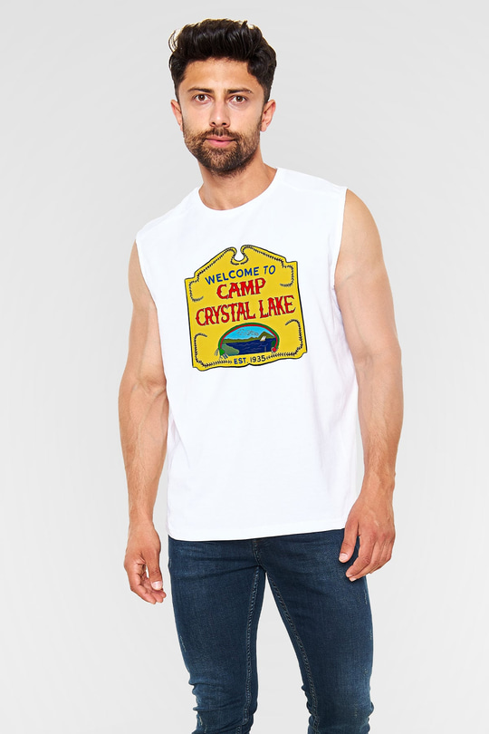 Crystal Lake Baskılı Beyaz Unisex Kolsuz Tişört - Tshirt