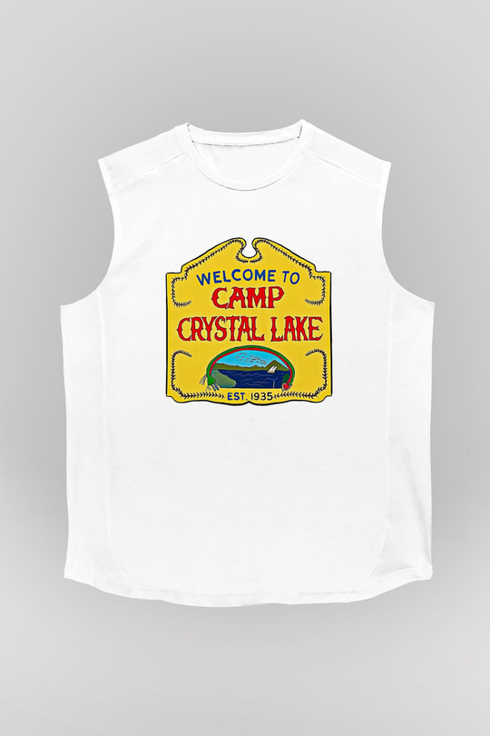 Crystal Lake Baskılı Beyaz Unisex Kolsuz Tişört - Tshirt
