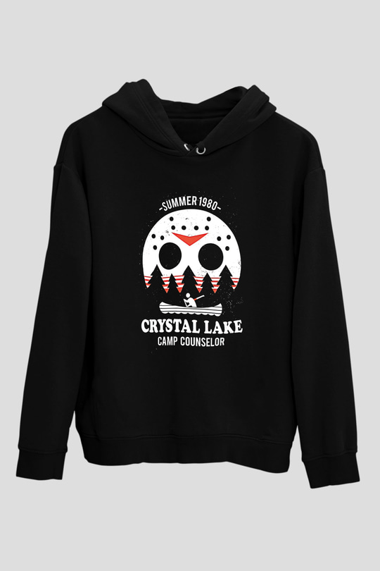 Crystal Lake Baskılı Unisex Siyah Kapüşonlu Sweatshirt
