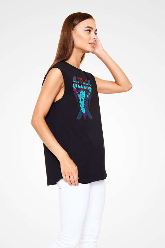 Crystal Lake Baskılı Unisex Siyah Kolsuz Tişört - Tshirt