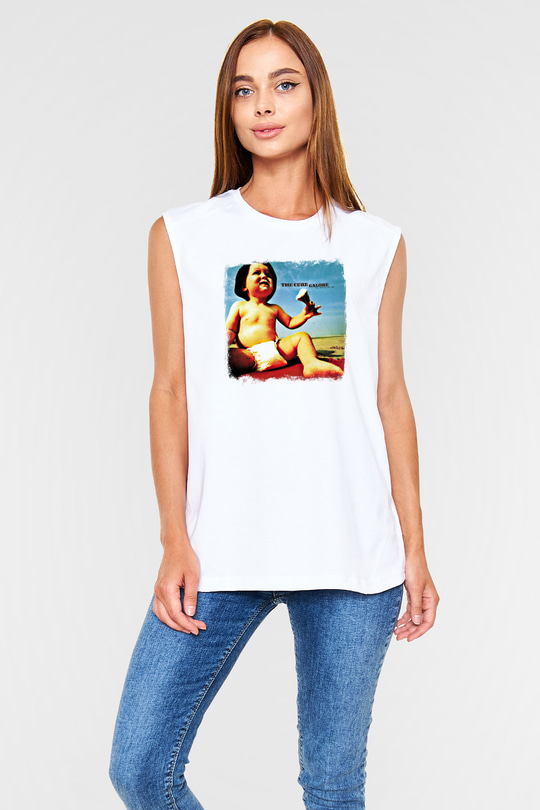 Cure Baskılı Unisex Beyaz Kolsuz Tişört