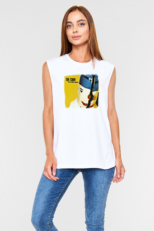 Cure Baskılı Unisex Beyaz Kolsuz Tişört