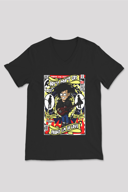 Cure Baskılı Unisex Siyah V Yaka Tişört