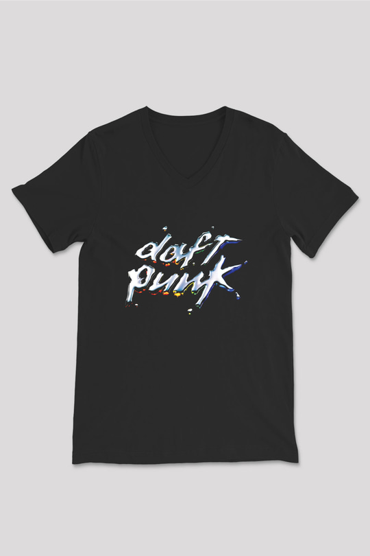 Daft Punk Baskılı Unisex Siyah V Yaka Tişört