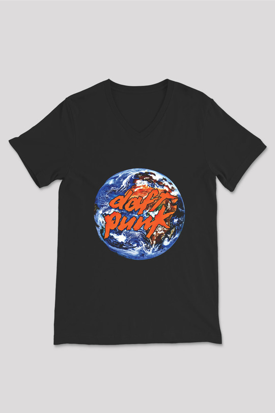 Daft Punk Baskılı Unisex Siyah V Yaka Tişört
