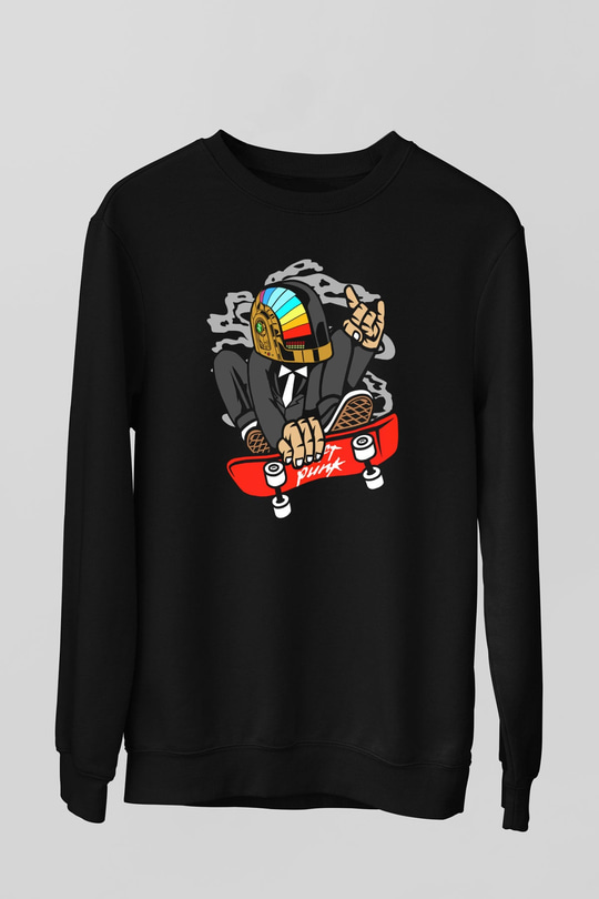 Daftpunk Skater Baskılı Unisex Siyah Sweatshirt