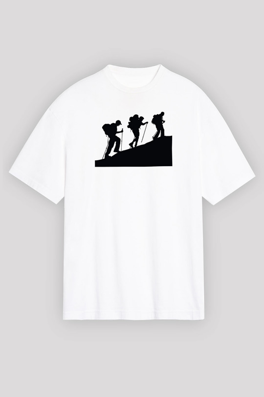 Dağcılık Baskılı Unisex Beyaz Oversize Tişört - Tshirt