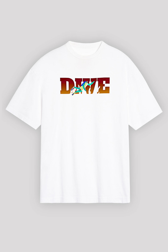Dalgıçlık Baskılı Unisex Beyaz Oversize Tişört - Tshirt