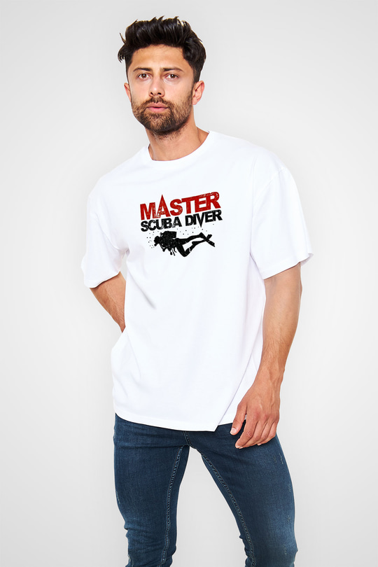 Dalgıçlık Baskılı Unisex Beyaz Oversize Tişört - Tshirt