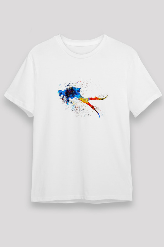 Dalgıçlık Baskılı Unisex Beyaz Tişört - Tshirt