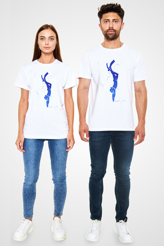 Dalgıçlık Baskılı Unisex Beyaz Tişört - Tshirt