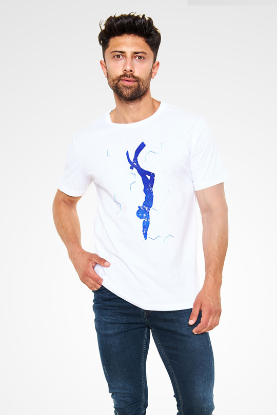 Dalgıçlık Baskılı Unisex Beyaz Tişört - Tshirt