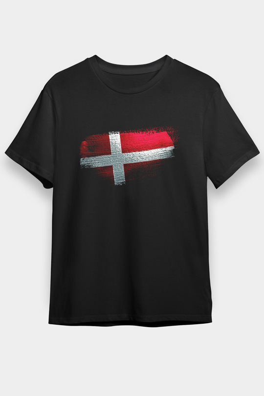 Danimarka - Denmark Bayrağı Baskılı Unisex Siyah Tişört