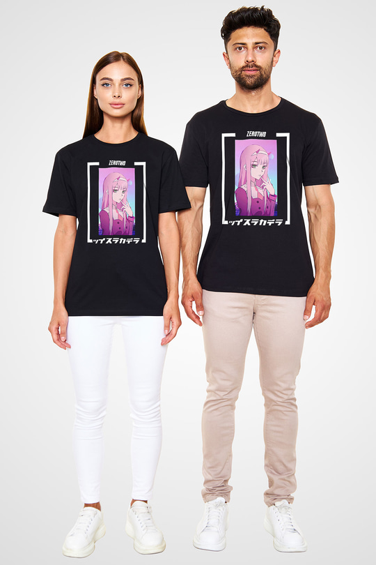 Darling İn The Franxx Baskılı Unisex Siyah Tişört - Tshirt
