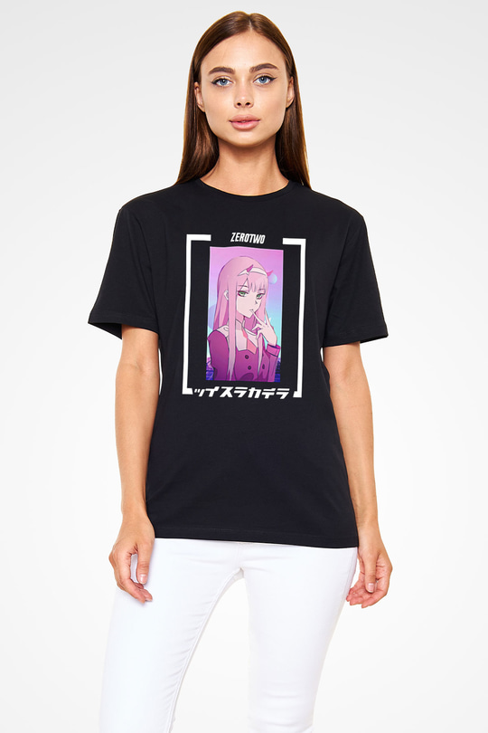 Darling İn The Franxx Baskılı Unisex Siyah Tişört - Tshirt