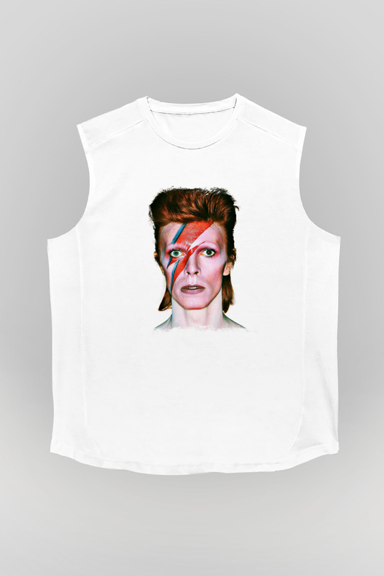 David Bowie Baskılı Unisex Beyaz Kolsuz Tişört