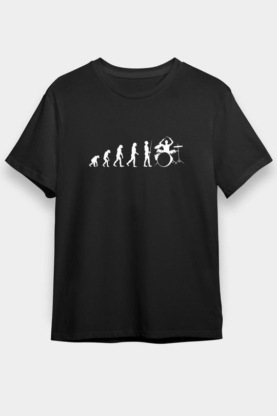 Davulcu Evrimi Baskılı Unisex Siyah Tişört - Tshirt