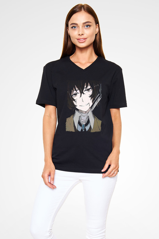 Dazai Baskılı Unisex Siyah V Yaka Tişört - Tshirt