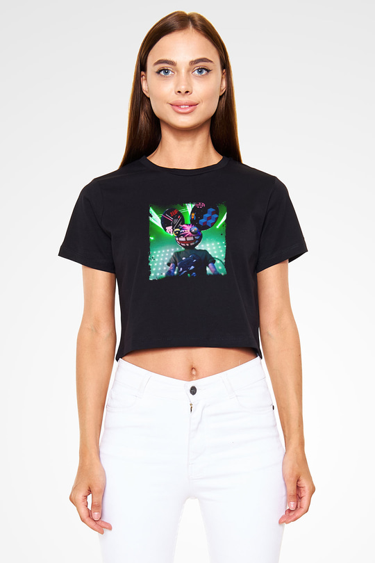 Deadmau5 Baskılı Crop Top Siyah Kadın Tişört