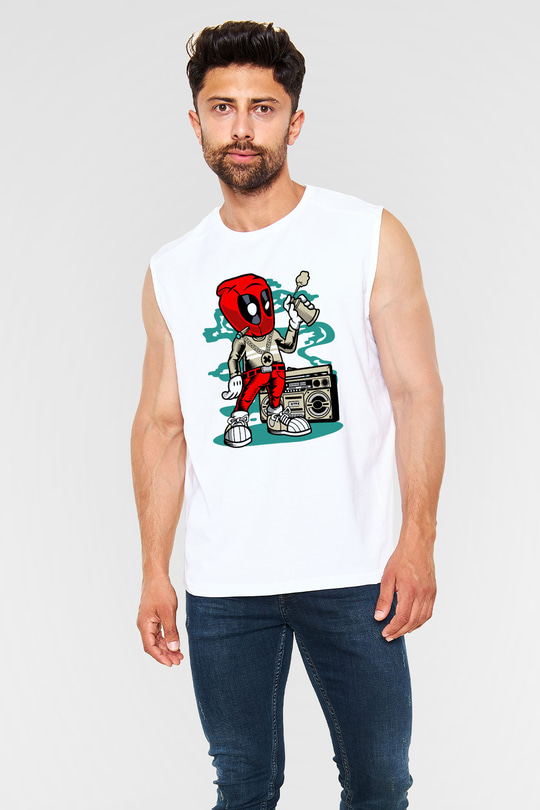 Deadpool Boombox Baskılı Unisex Beyaz Kolsuz Tişört