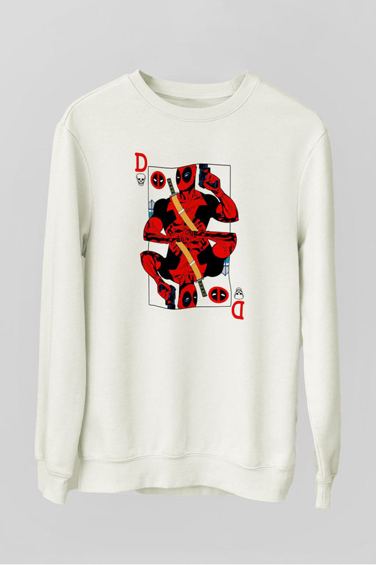 Deadpool Kartı Baskılı Unisex Beyaz  Sweatshirt