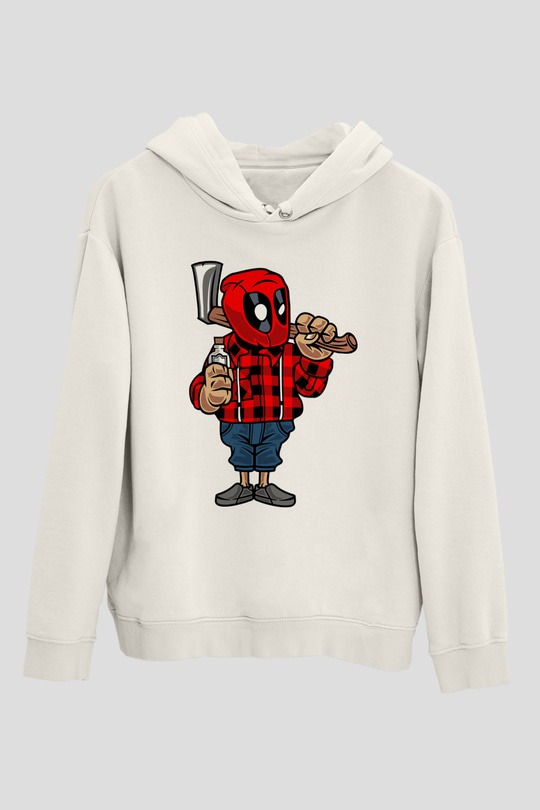 Deadpool Lumberjack Baskılı Unisex Beyaz Hoodie