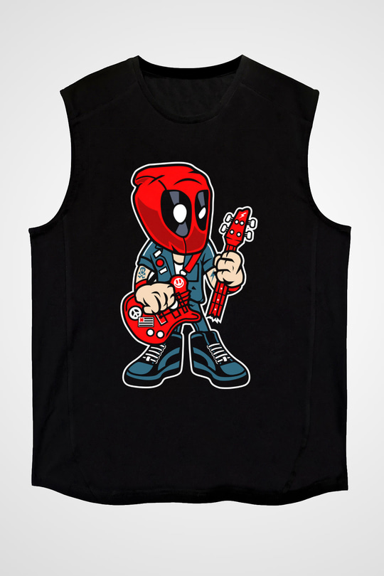 Deadpool Rocker Baskılı Unisex Siyah Kolsuz Tişört