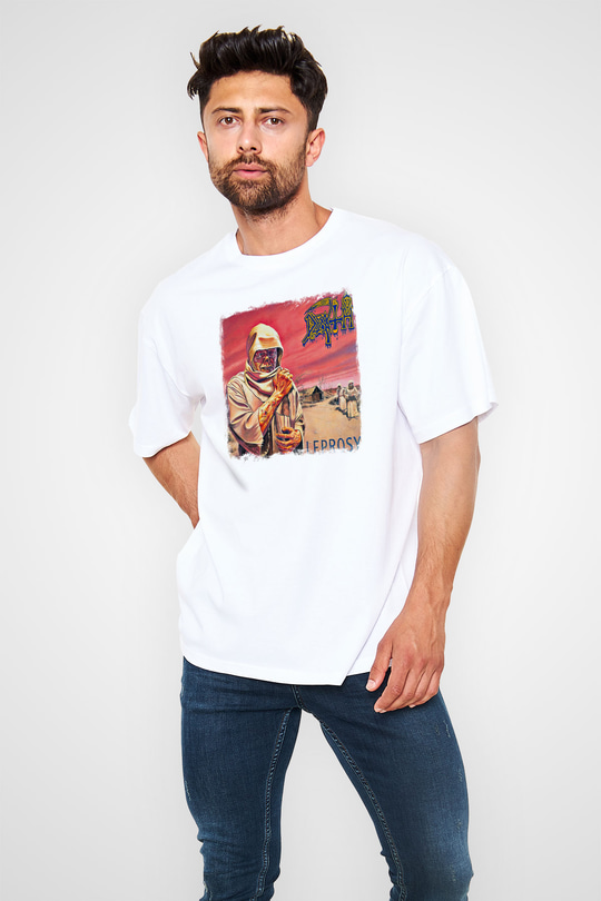 Death Baskılı Unisex Beyaz Oversize Tişört