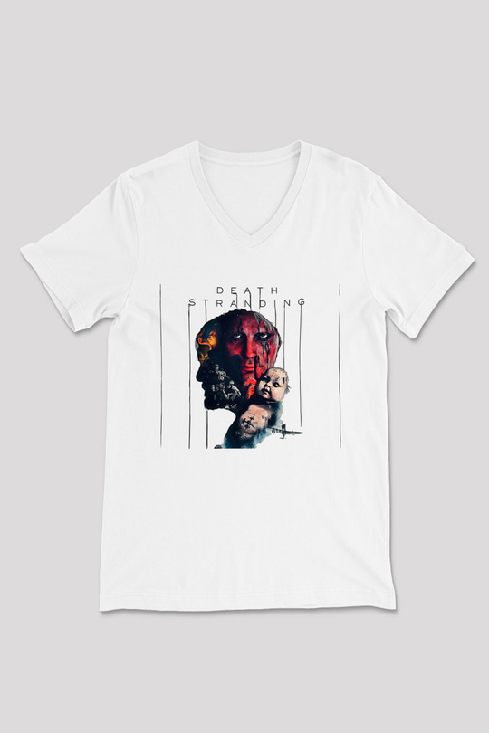Death Stranding Baskılı Beyaz Unisex V Yaka Tişört - Tshirt