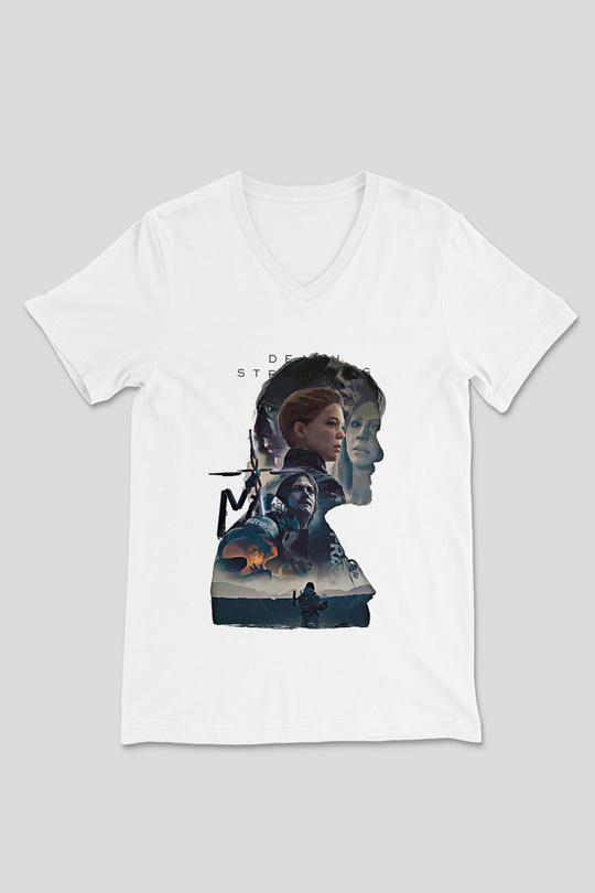 Death Stranding Baskılı Beyaz Unisex V Yaka Tişört - Tshirt